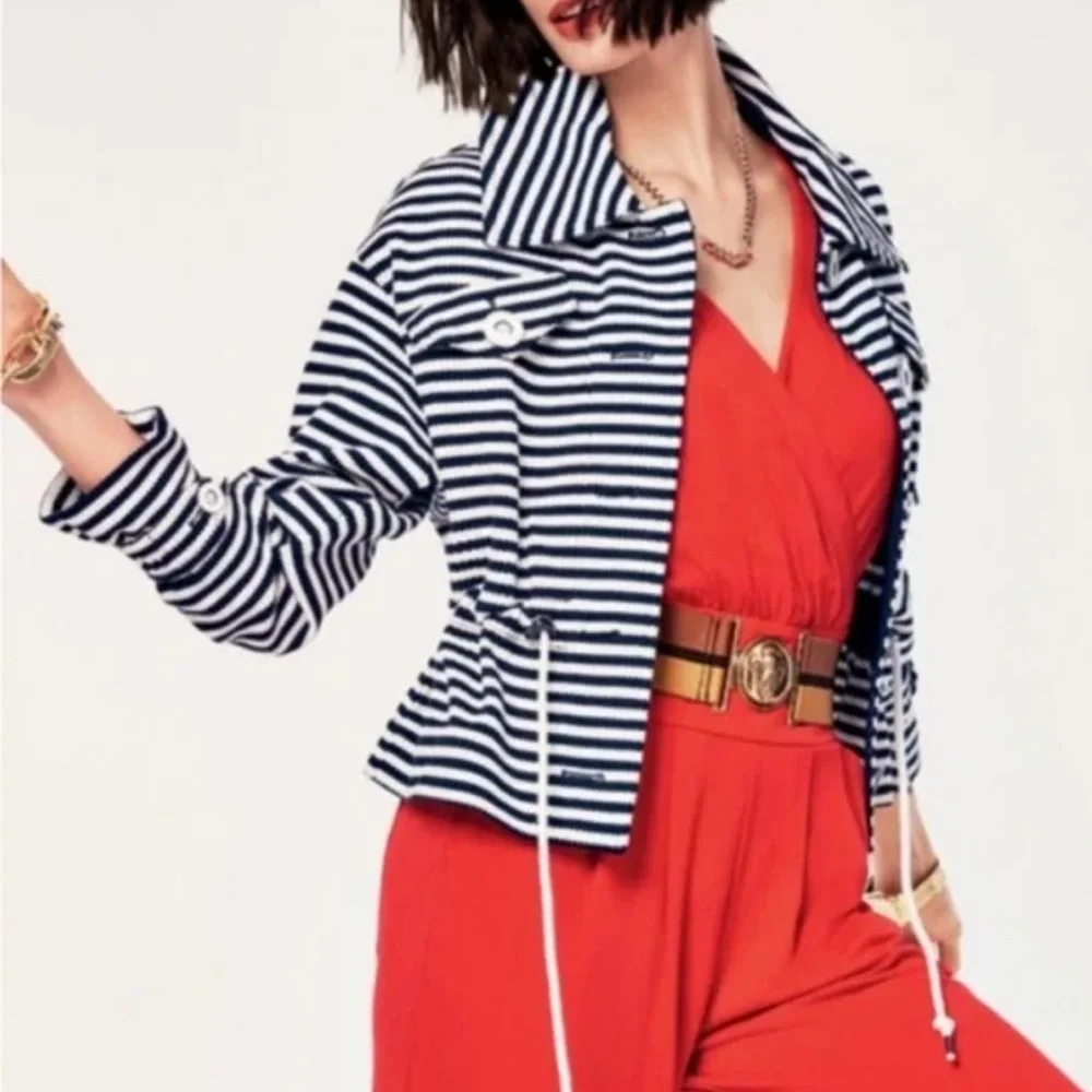 Cabi Womens Harbor Nautical Jacket Size XS Stripe Knit Cinch Waist Preppy Blue - Picture 1 of 12